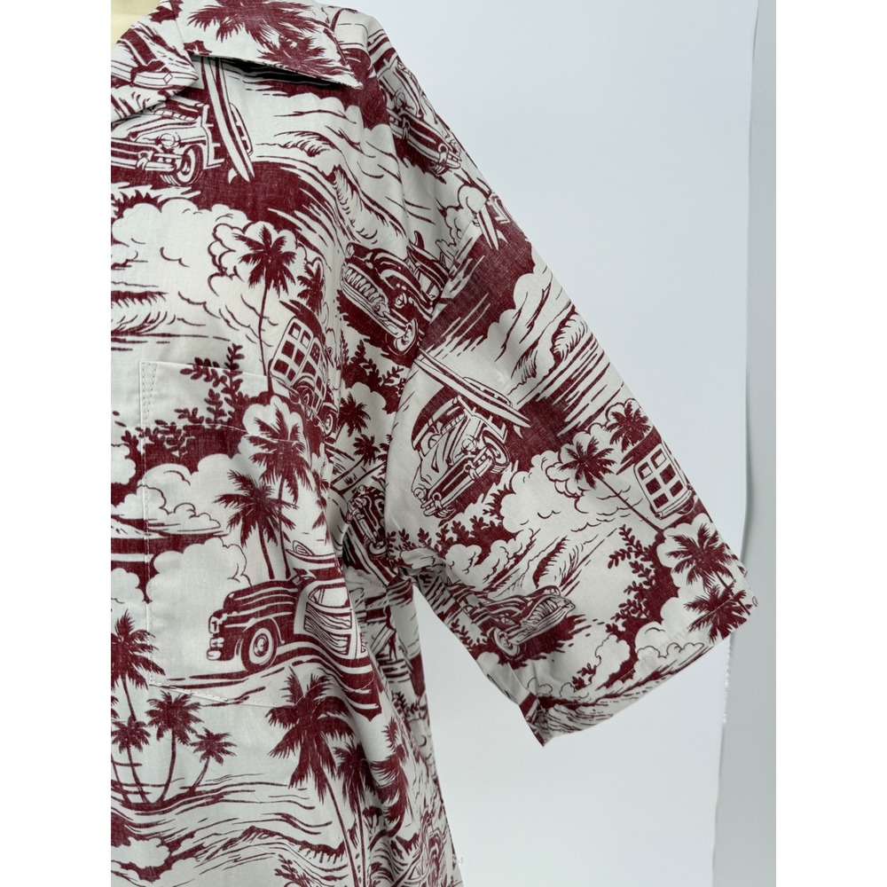 Vintage Go Barefoot Woodie Wagon Surf Mobile Hawaiian Shirt 2XL Tall Burgundy - Picture 7 of 13